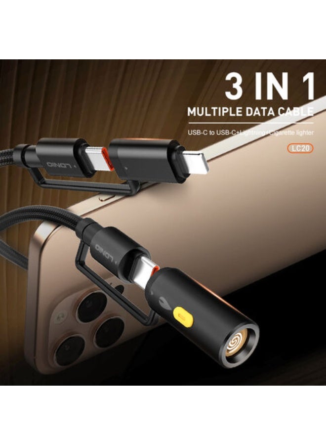 كابل شحن سريع LC20 بقوة 65 واط مزود بموصلات USB-C و Lightning، شاحن سيارة مدمج، مزامنة بيانات عالية السرعة، تصميم متين و