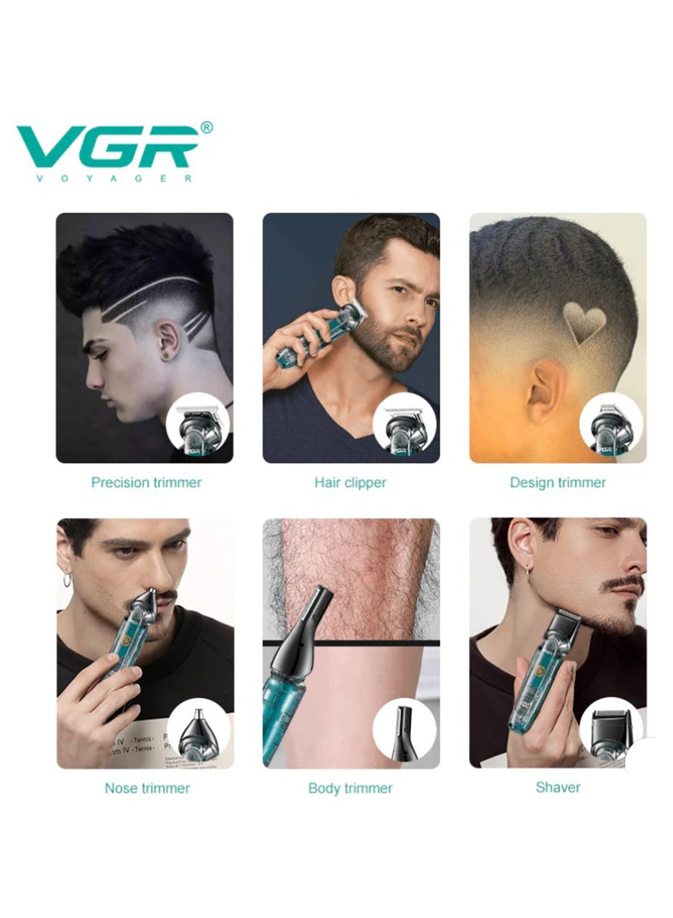 VGR Professional trimmer 6-in-1 , corded and cordless, multi-use, contains a variety of tools such as full-size trimmer, precision trimmer, trimmer, nose hair trimmer and styling trimmer.