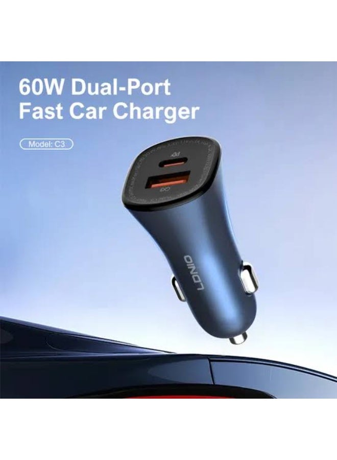 60W Dual Port PD and QC Super Fast Car Charger, USB-C Power Delivery 30W and USB-A Quick Charge 30W Car Charging Adapter