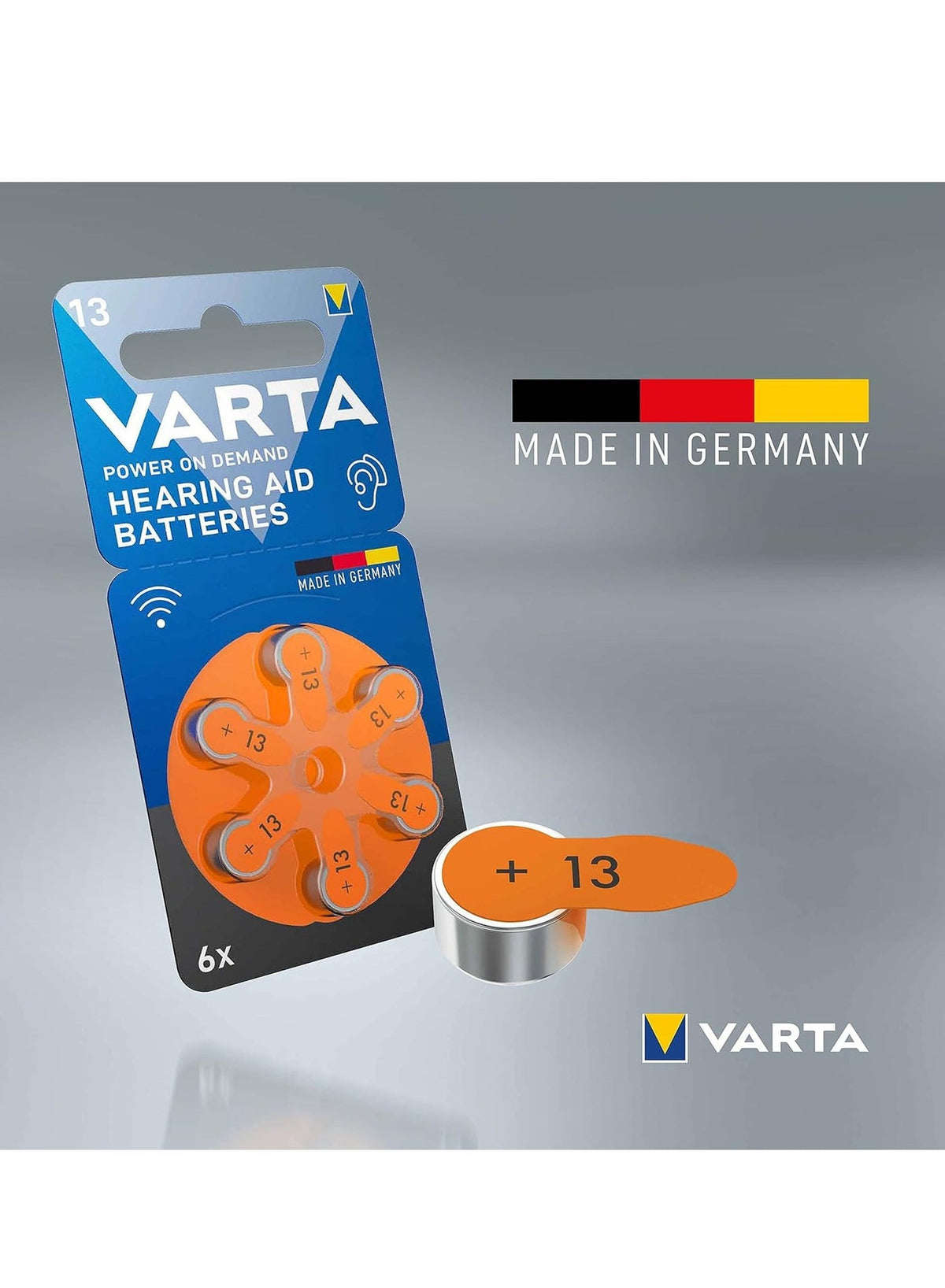 Hearing Aid Batteries, Yellow Type 13 , PR48 , 1.45V , 6 pes, Custom Made, high hearing level, mercury-free, Made in Ger