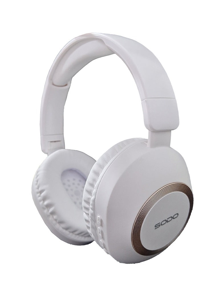 SODO Wireless Headphones with Active Canceling , External Built In Microphone Walk and Talk , it's Support SD Card useing Bluetooth 5.0 for connectivity and have a 40mm driver size with a frequency response of 20 Hz to 18kHz MODEL SD-1104 / white