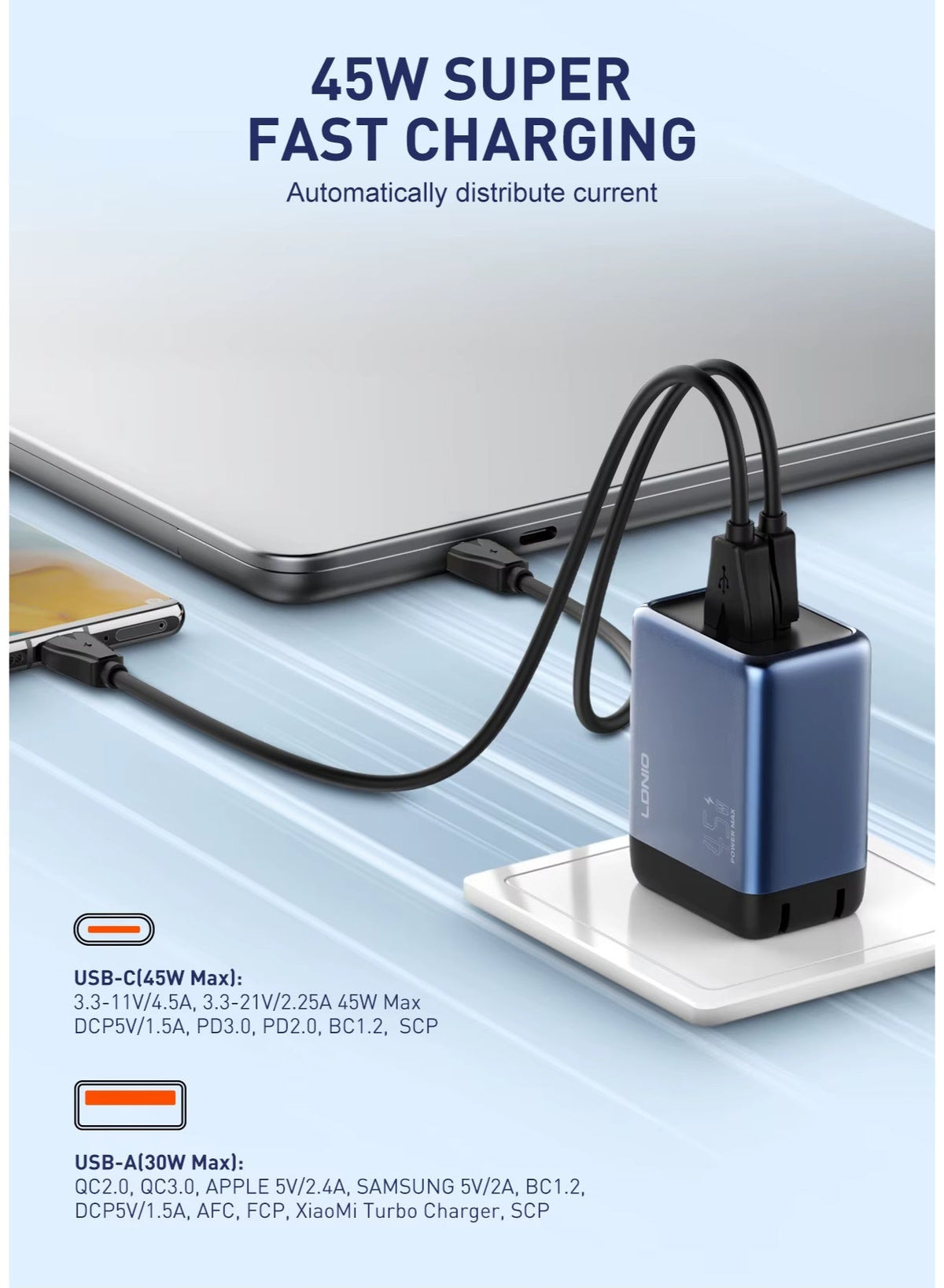 45W GaN USB-C and USB-A Fast Wall Charger, Power Delivery PPS Super Fast Charging Adapter for Laptops, MacBook, iPhone, 