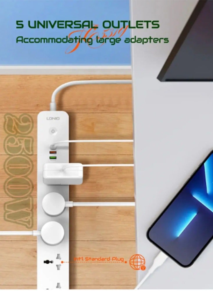 Power Strip with USB Charge Ports, SC5319, Universal Travel Adapter, 2M Extension Cord, Power Socket Plug Adapter