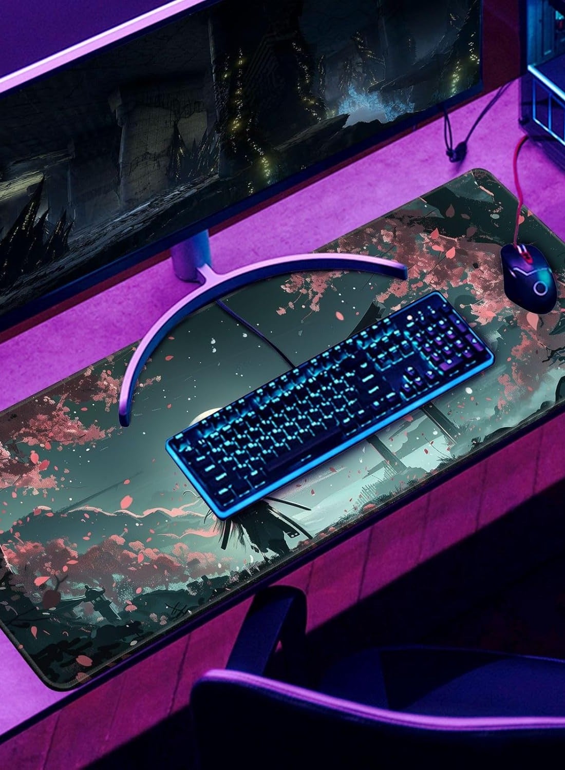 Japanese Full Moon Mouse Pad Desk Pad Samurai Desk Decor Mat, Large Gaming Mouse Pad for Desk Computer Keyboard Laptop, 