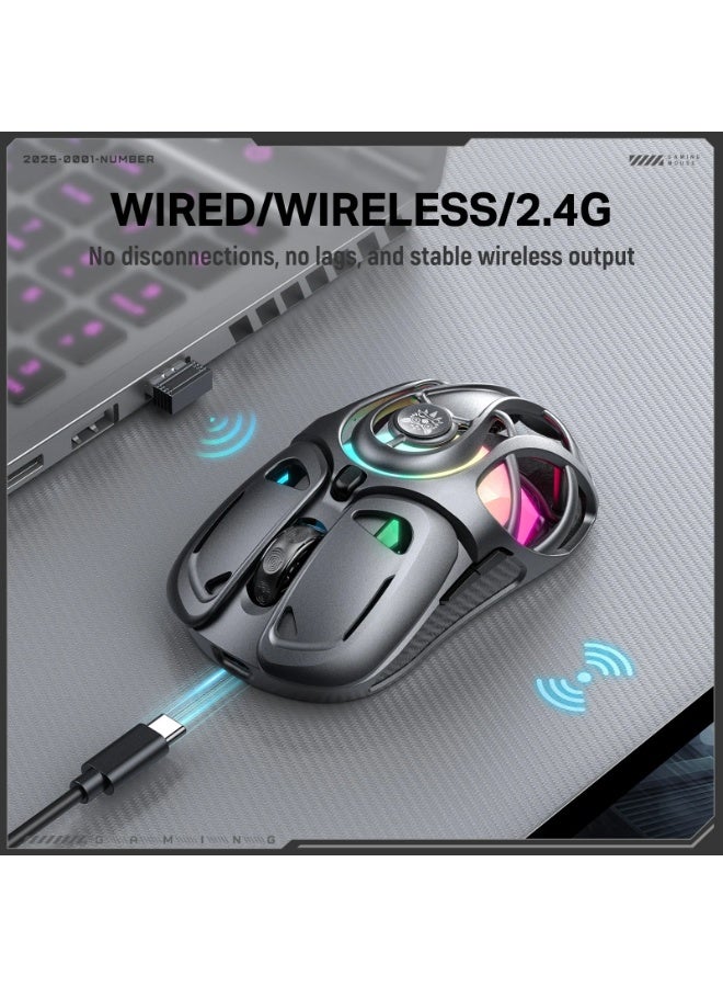 DM02 Tri-Mode RGB Gaming Mouse with 2.4GHz Wireless, Bluetooth & Wired Connectivity, Lightweight Honeycomb Shell Design,