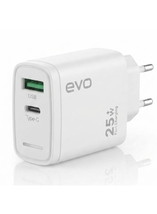 EVO-C03 25W Fast Wall Charger with USB-C Power Delivery and USB Port, Dual Port Quick Charging Adapter, Smart Chip Techn