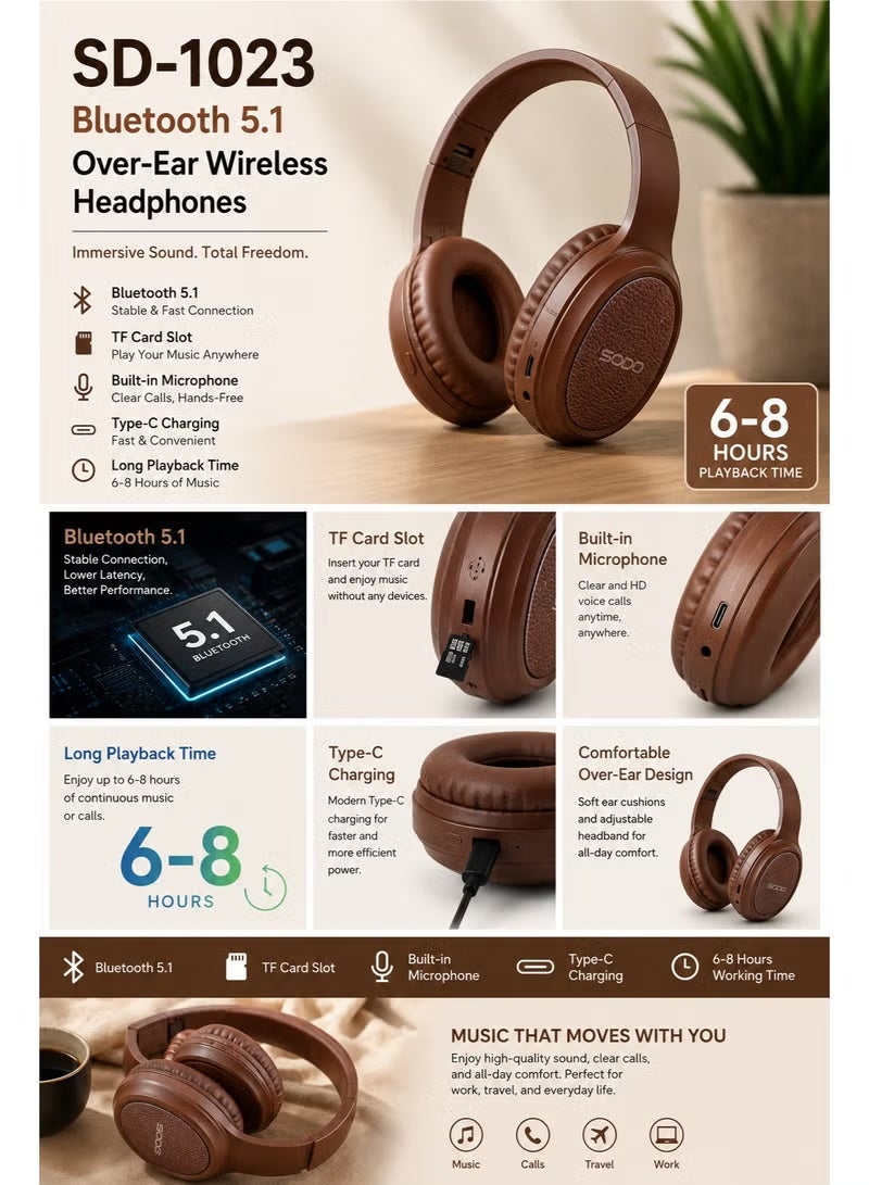 Bluetooth 5.1 Over-Ear Wireless Headphones with Built-In Microphone, TF Card Music Player, Hi-Fi Stereo Sound, Type-C Re
