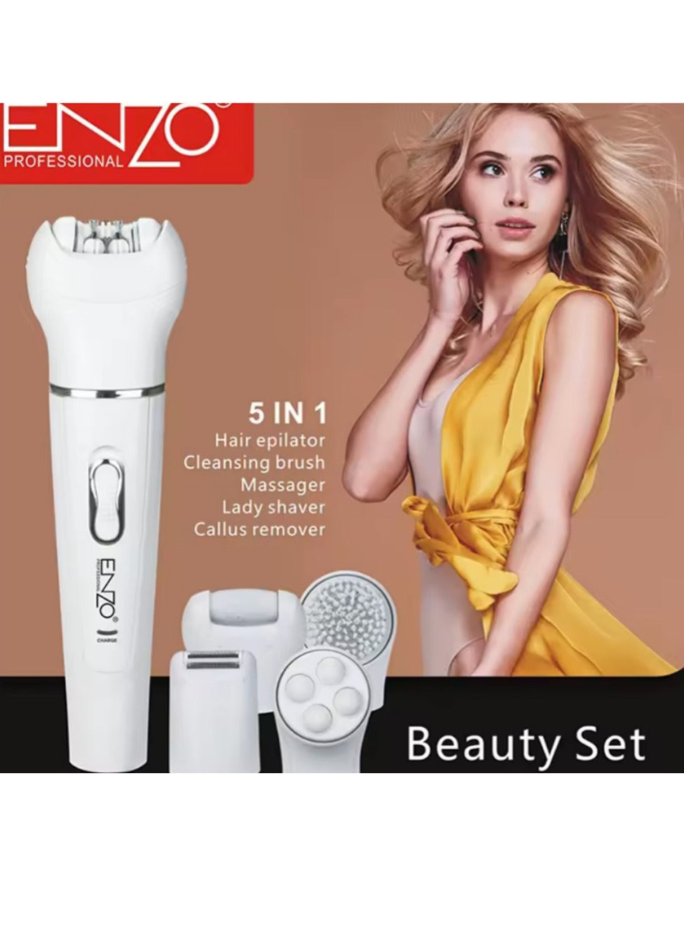 ENZO 5 in 1 painless hair removal device with a massager to relieve pain after hair removal. An easy and practical women's shaving machine that also contains a cleaning brush and a callus remover for soft and supple skin, model EN-0104.