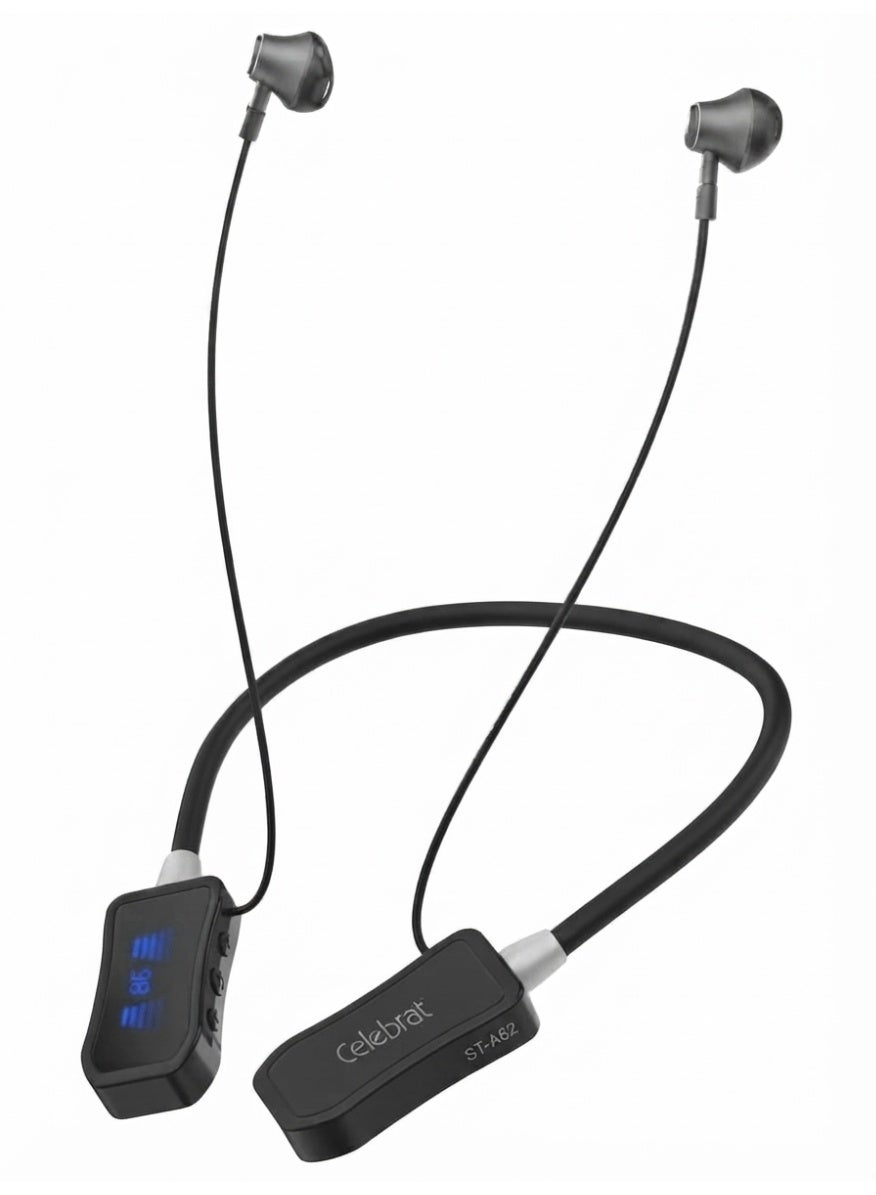 ST-A62 Wireless Neckband Earphones, Bluetooth Sports Headphones with HD Audio Decoding, Stereo Bass Sound, LED Battery D