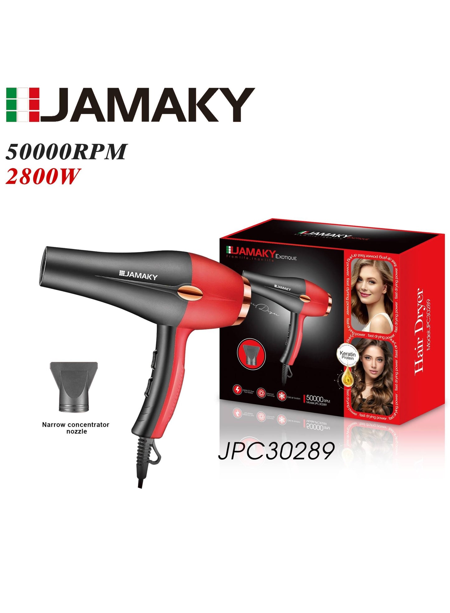 JAMAKY Italy Professional JPC30289 Cold air Function Hair Dryer 2800W/ 2-Speed and 3 temperature setting \lightweight , with Italian technology