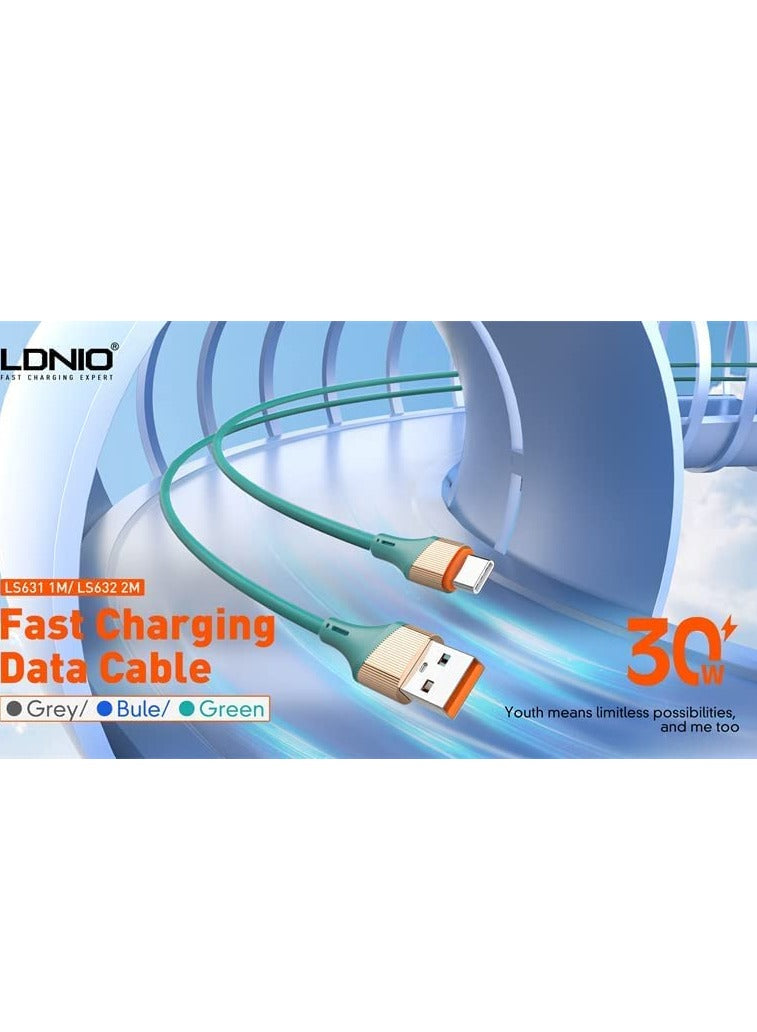 LDNIO LS631 30W Charging Cable USB To Type-C Nylon Charger Cable 2m Fast PD QC3.0 USB Type C Transfer Android Date Charger Cable