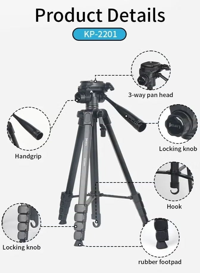 Adjustable Tripod Stand KP-2201 with 360° Rotating Head, Extendable Height, Universal Clamp for Camera, Mobile & Ring Li