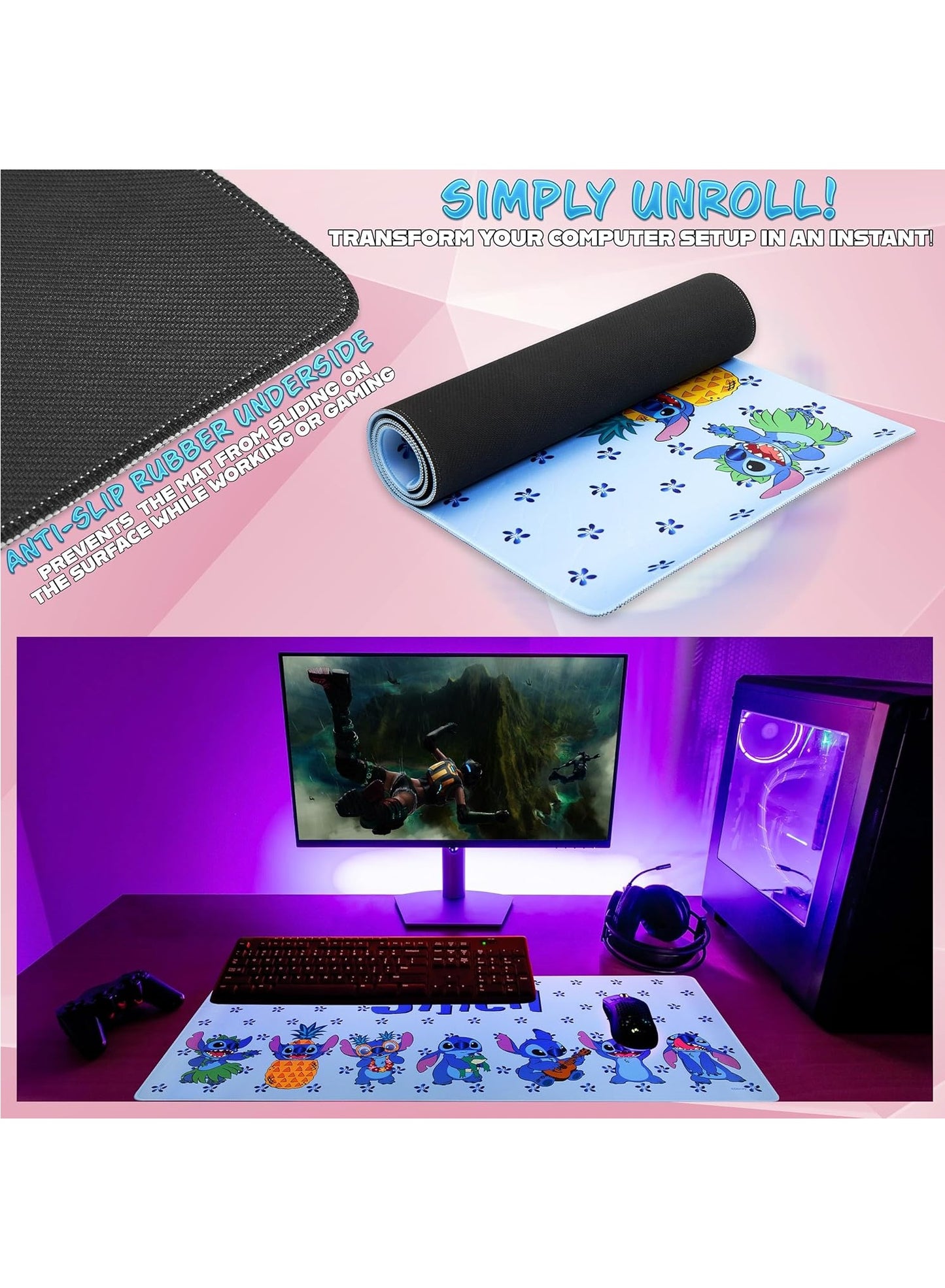 Large Mouse Pad, Stitch Style (60cm x 30cm x 2mm), HD Print Pattern Desk Mat, Extended Mouse Pad and Keyboard Mouse Pads, Waterproof Fabric Surface Mouse Pads for Office, Non-Slip Rubber Base