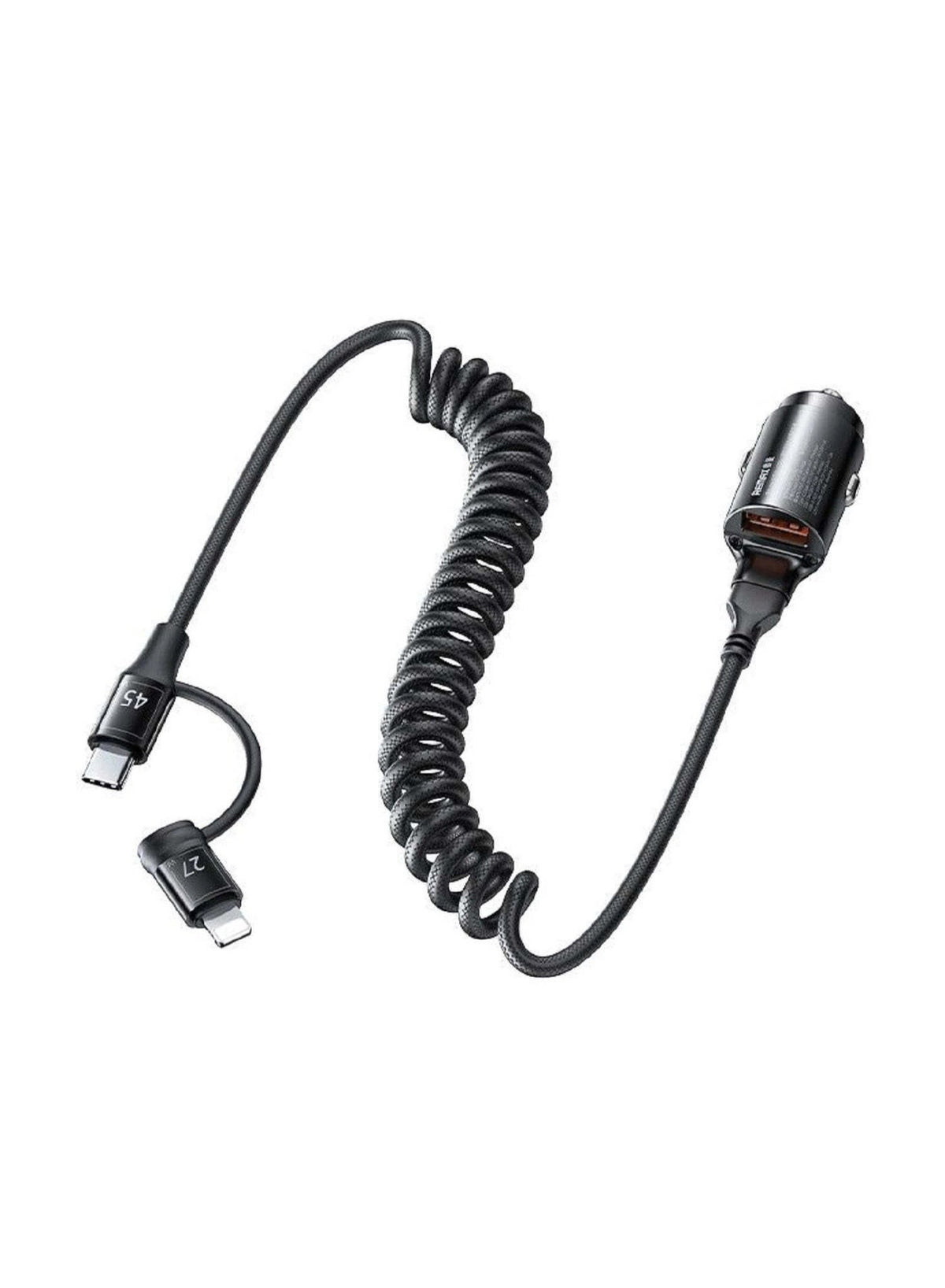 Fast Car Charger RCC356 , 45W Ruichy Series Fast Car Charger with Dual Output (1x USB-A + 1x USB-C/Lightning Coiled Cabl