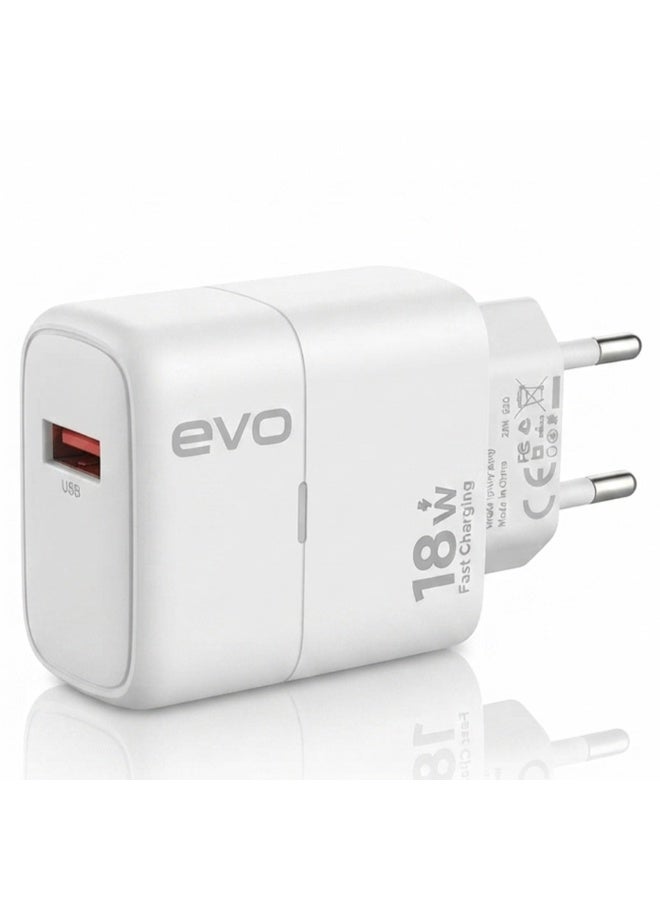 EVO-C13 18W Fast Wall Charger with USB-A Quick Charging Port, Single USB Power Adapter, Smart Chip Technology Charging B