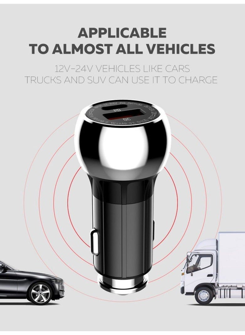 C1 36W Super Fast Car Charger with Lightning Cable, USB-C PD & QC4+ Dual Port Car Charger, Zinc Alloy Fast Charging Car 