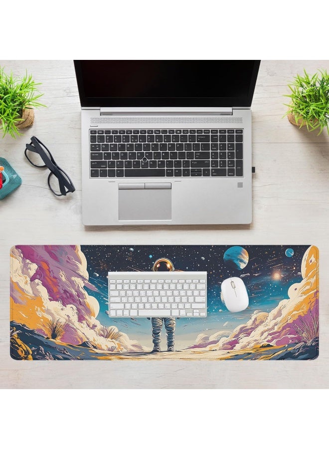 Astronaut Desk Pad Mouse Pad Psychedelic Space Fantasy Planet Extended Gaming Mouse Pad Mat with Stitched Edge Non-Slip 