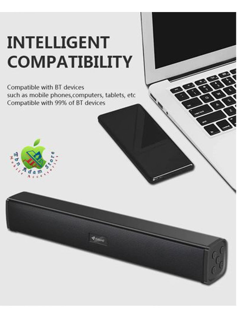 Kisonli Soundbar music speaker wireless Bluetooth speaker with an output power of 10W (5W x 2 for bass). It features a 52mm horn and has a playing time of 2 to 5 hours on a 1200mAh battery. The speaker operates at a voltage of DC 5V and 500mA