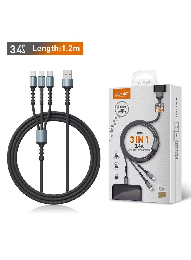 3 in 1 Fast Charging Cable 3.4A, LC93 1.2m USB to Type-C, Lightning & Micro Connectors, Durable PVC Design for Quick Cha