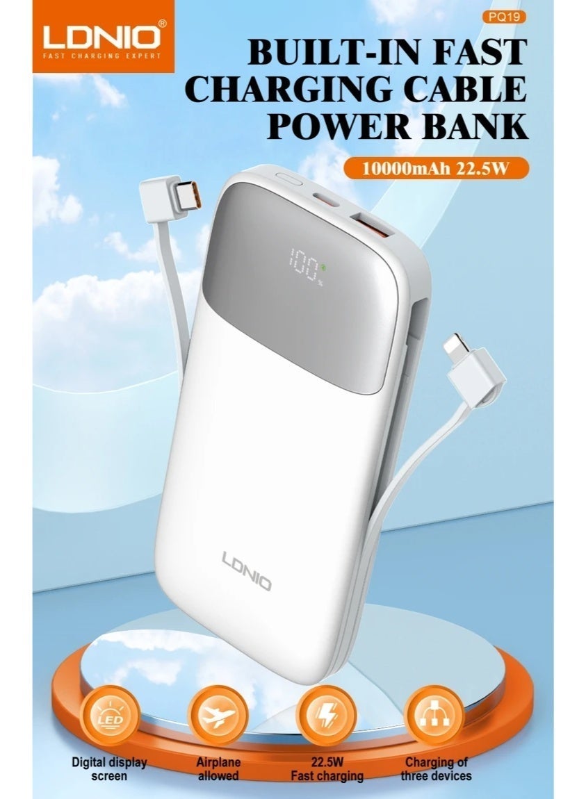 PQ19 10000mAh Fast Charging Power Bank with Built-In Charging Cables, 22.5W USB-C Quick Charge Output, 18W USB-C Fast In