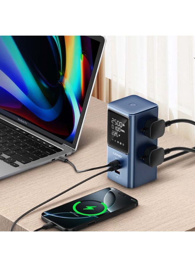 Universal Power Strip with 45W PD Fast Charging, 2 USB-C and USB-A Charging Ports, 2500W Extension Power Socket, Multi P