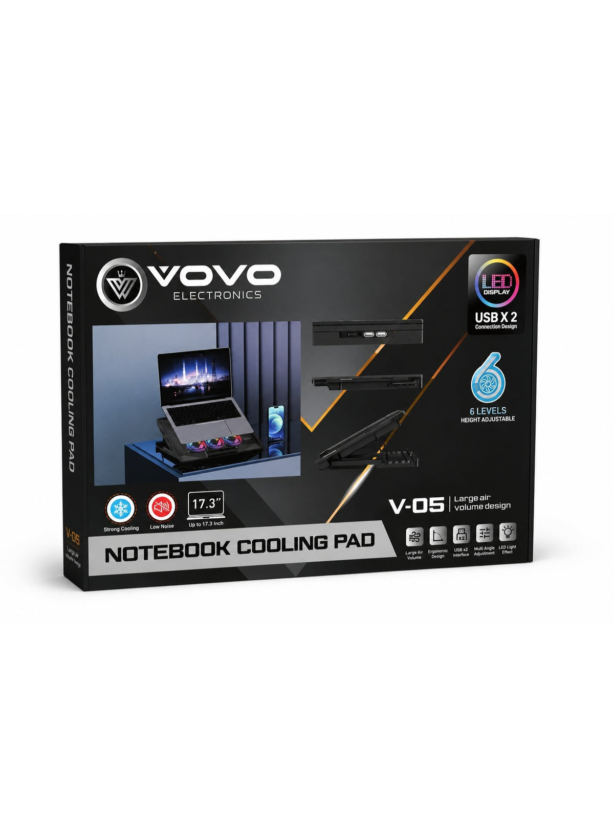 V-05 Laptop Cooling Pad with LED Display, Adjustable Fan Speed Control, High Airflow Cooling Fan, Dual USB Ports, Ergono