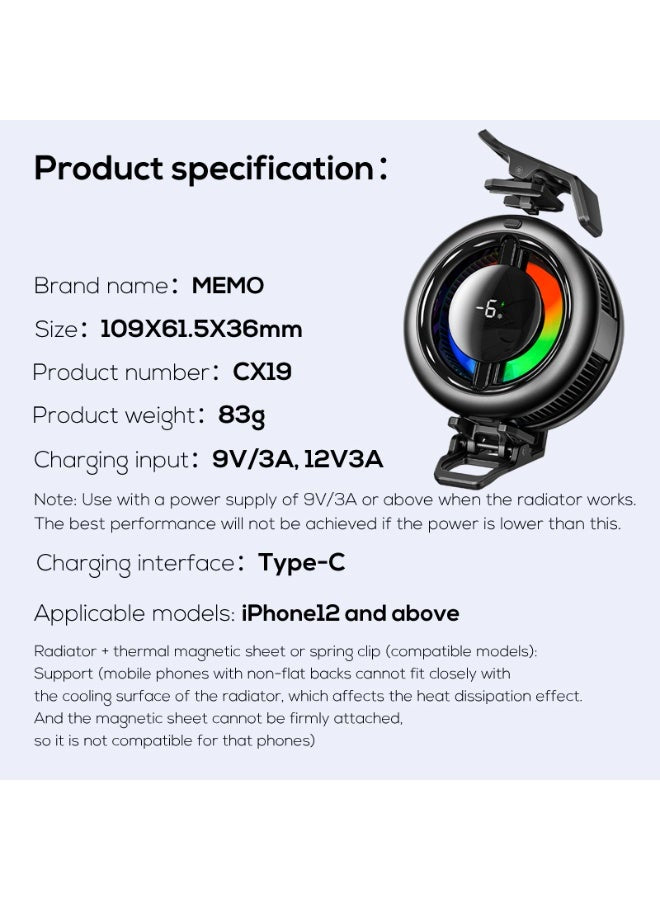 CX19 Magnetic Phone Cooler with 15W Wireless Charging – RGB LED Cooling Fan, Semiconductor Mobile Cooling Pad, Adjustabl