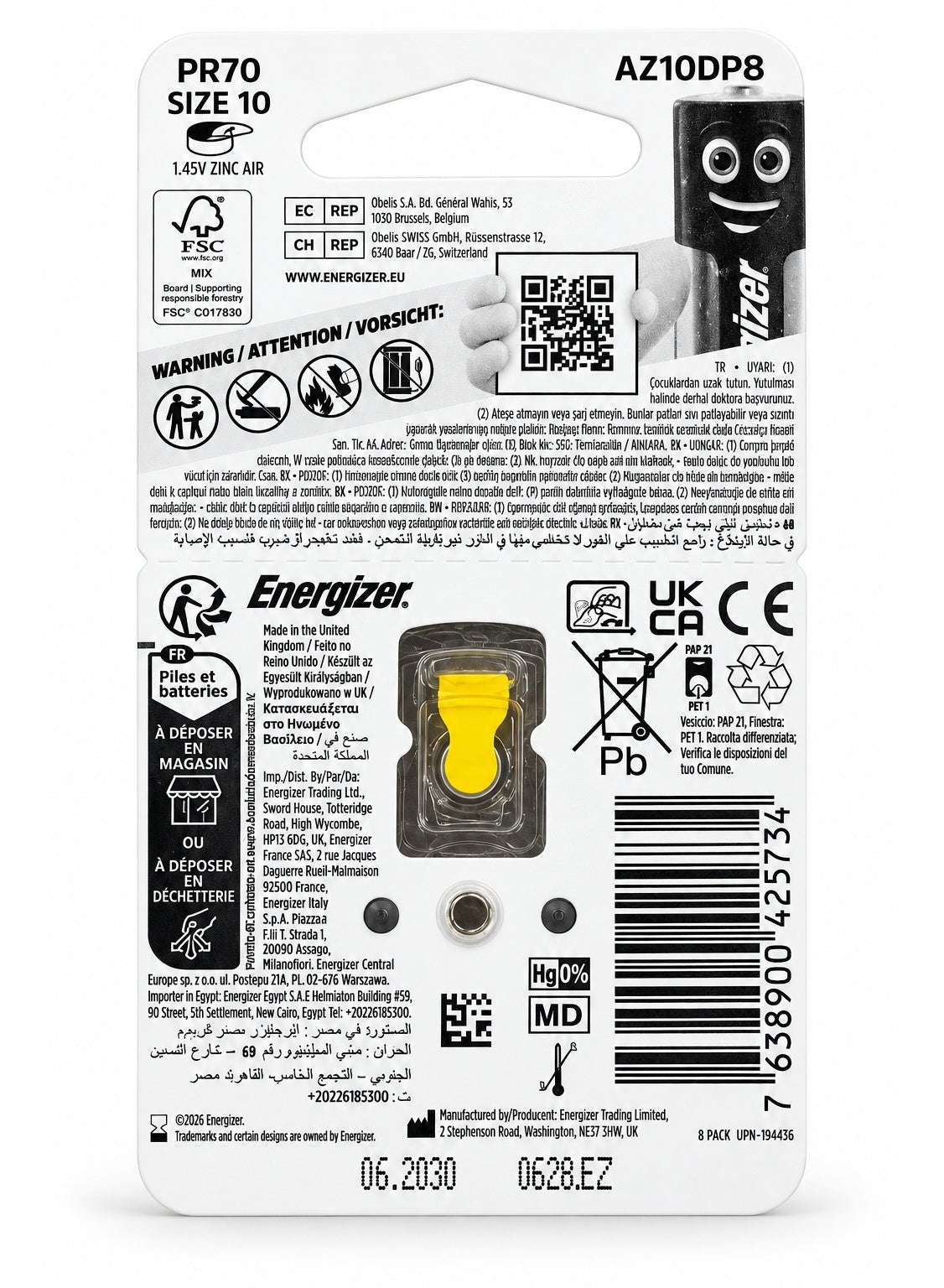 AZ10DP8 Size 10 / PR70 Zinc Air Hearing Aid Batteries, 1.45V, 8-Pack, Mercury-Free 0% Hg, Long-Lasting Reliable Power fo