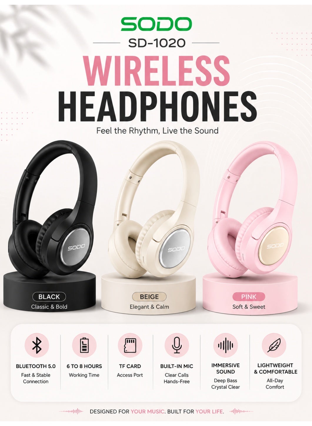 SD-1020 Bluetooth 5.1 Over-Ear Wireless Headphones with Hi-Fi Stereo Sound, Built-In Microphone, TF Card Music Player, T
