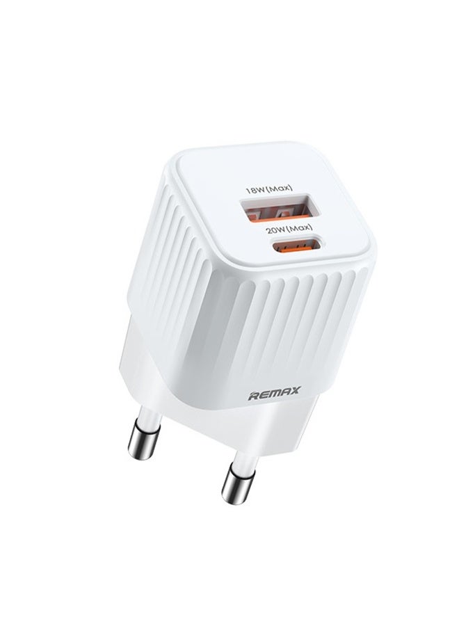 Mini Charger PR-U2 , 20W Dual Port USB & Type-C Fast Wall Charger, Compact Travel Adapter with Smart Protection – White