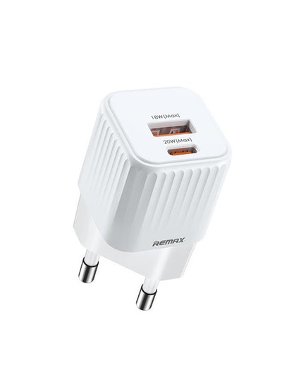 Mini Charger PR-U2 , 20W Dual Port USB & Type-C Fast Wall Charger, Compact Travel Adapter with Smart Protection – White