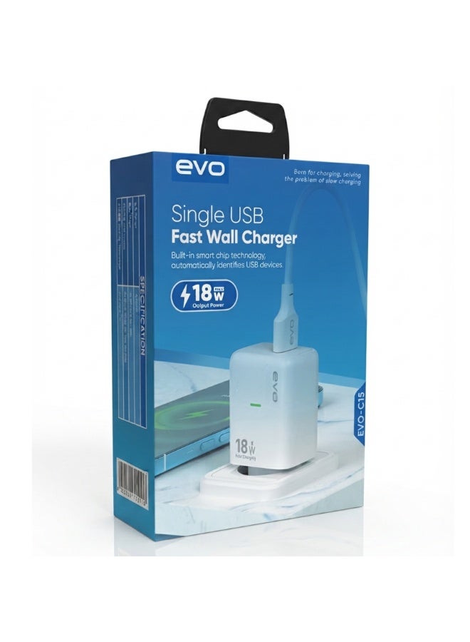 EVO-C13 18W Fast Wall Charger with USB-A Quick Charging Port, Single USB Power Adapter, Smart Chip Technology Charging B