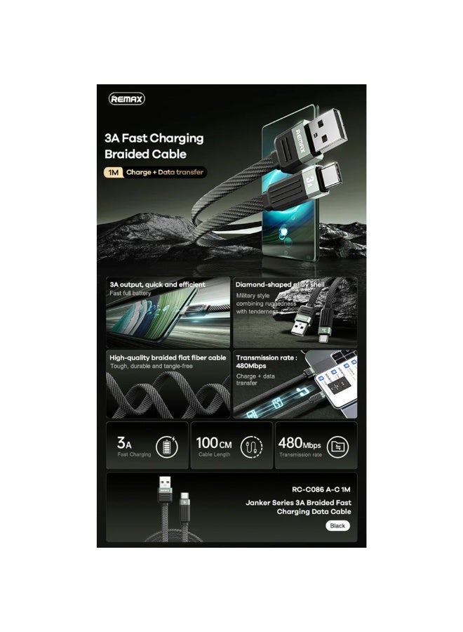 كابل شحن عالي السرعة RC-C083، كابل USB إلى Micro سريع 3 أمبير، تصميم مضفر متين بطول 1 متر مع موصلات من سبائك الألومنيوم،