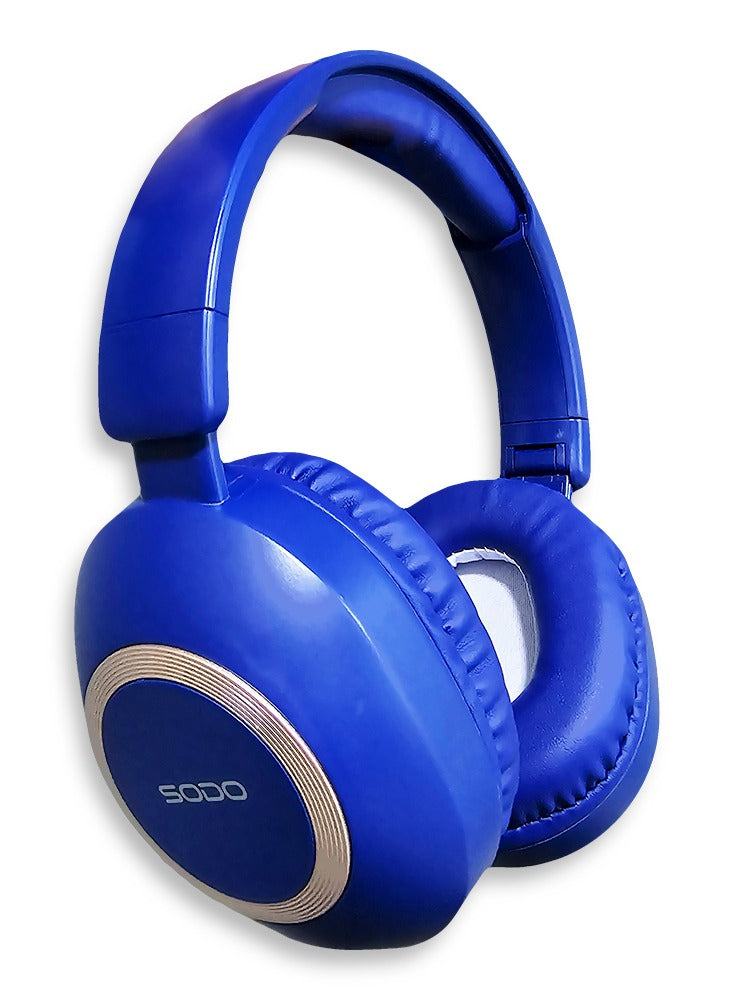 SODO Wireless Headphones with Active Canceling , External Built In Microphone Walk and Talk , it's Support SD Card useing Bluetooth 5.0 for connectivity and have a 40mm driver size with a frequency response of 20 Hz to 18kHz MODEL SD-1104 / blue