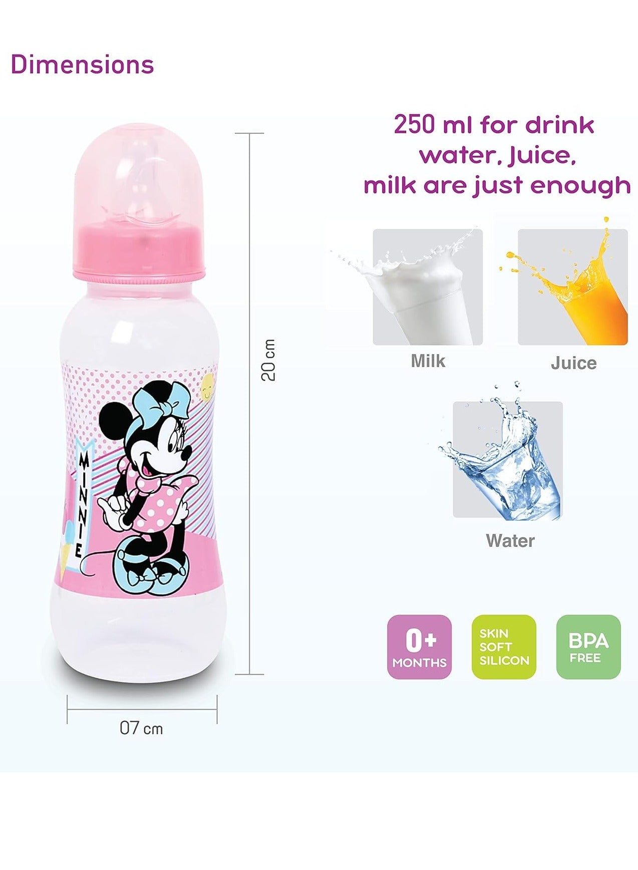 Disney Minnie Mouse Baby 250 ml Feeding Bottle Fast Flow Baby Bottles With Non Collapsing Silicone Nipples, Easy To Clean, Bpa Free, 3+ Months Official Disney Product