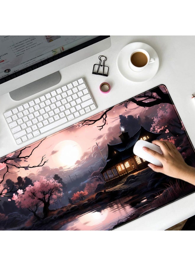 Japan Sakura Blooms Desk Mat Japanese Mouse Pad Large Cute Black Pink Aesthetic Desk Pad Gaming Mousepad Extended Keyboa