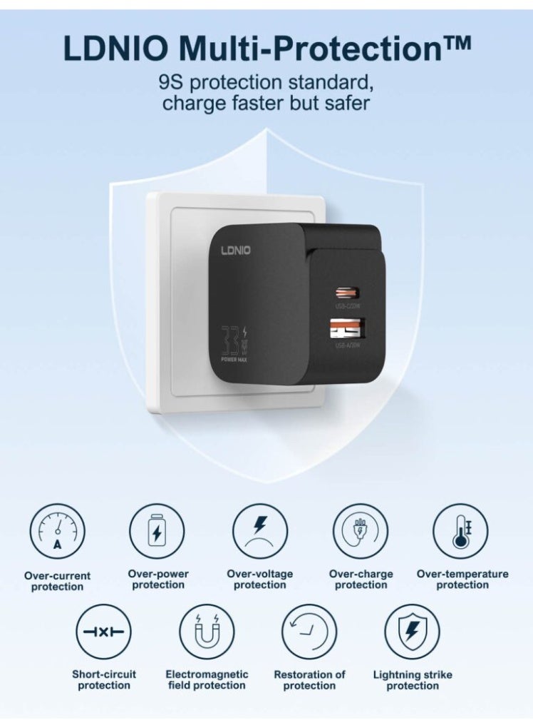 Q2 33W Fast Wall Charger with USB-C PD and USB-A Quick Charging Ports, Type-C to Lightning Cable Included, Super Fast Ch