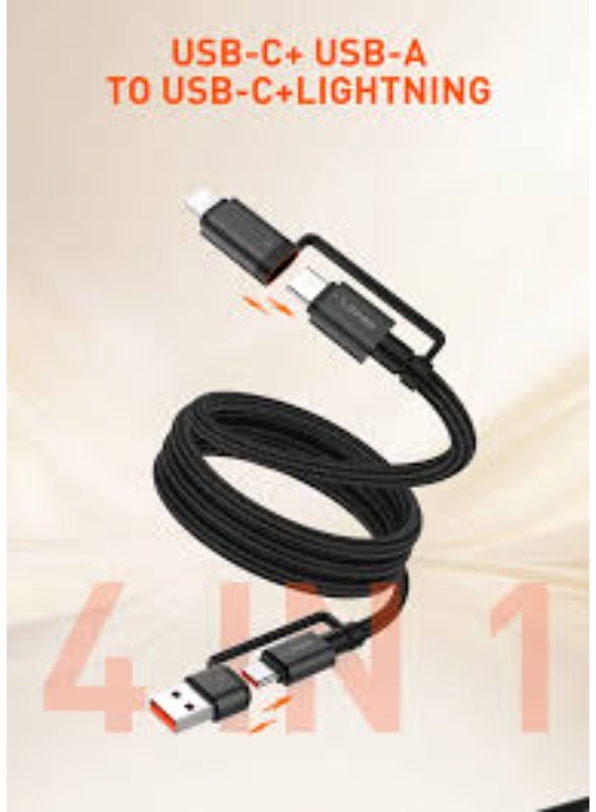 65W 4-In-1 Fast Charging Data Cable With USB-A And USB-C Inputs Lightning And USB-C Outputs High-Speed Data Transfer Bra