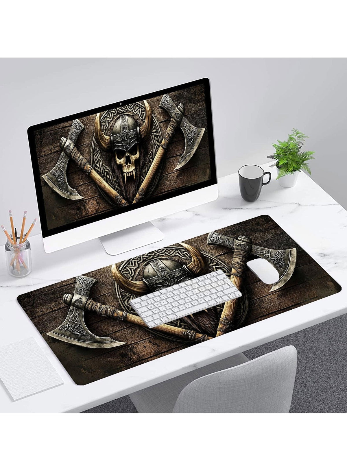 Axe Gaming Mouse Pad Warrior Skull Emblem Wood Grain Fantasy Mousepad XL Large Gaming Mouse Pad Laptop Keyboard Mat Desk