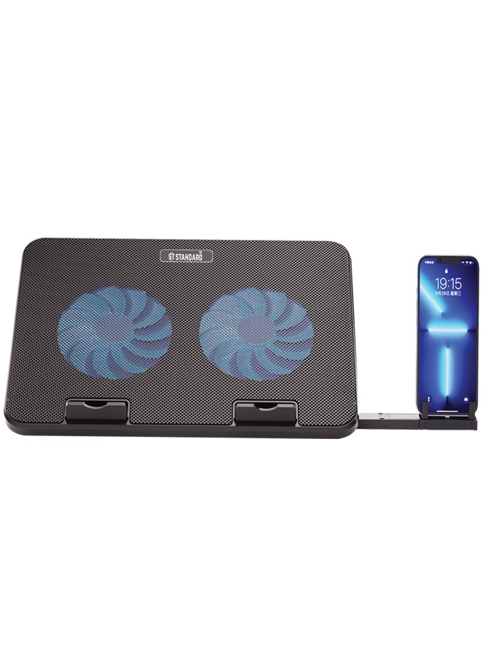 Standard Laptop Cooler Support ICE-02 With blue Led of fans - With Fan speed controller (Roller switch ON/OFF) , 2USB ports & 5 Levels ( 360*255*28mm )