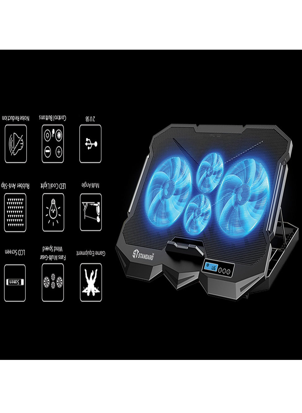 Standard Laptop Cooler Support ICE-04Plus With blue Led of fans - Screen LCD , 2USB ports & 7 Levels ( 385*280*28mm )