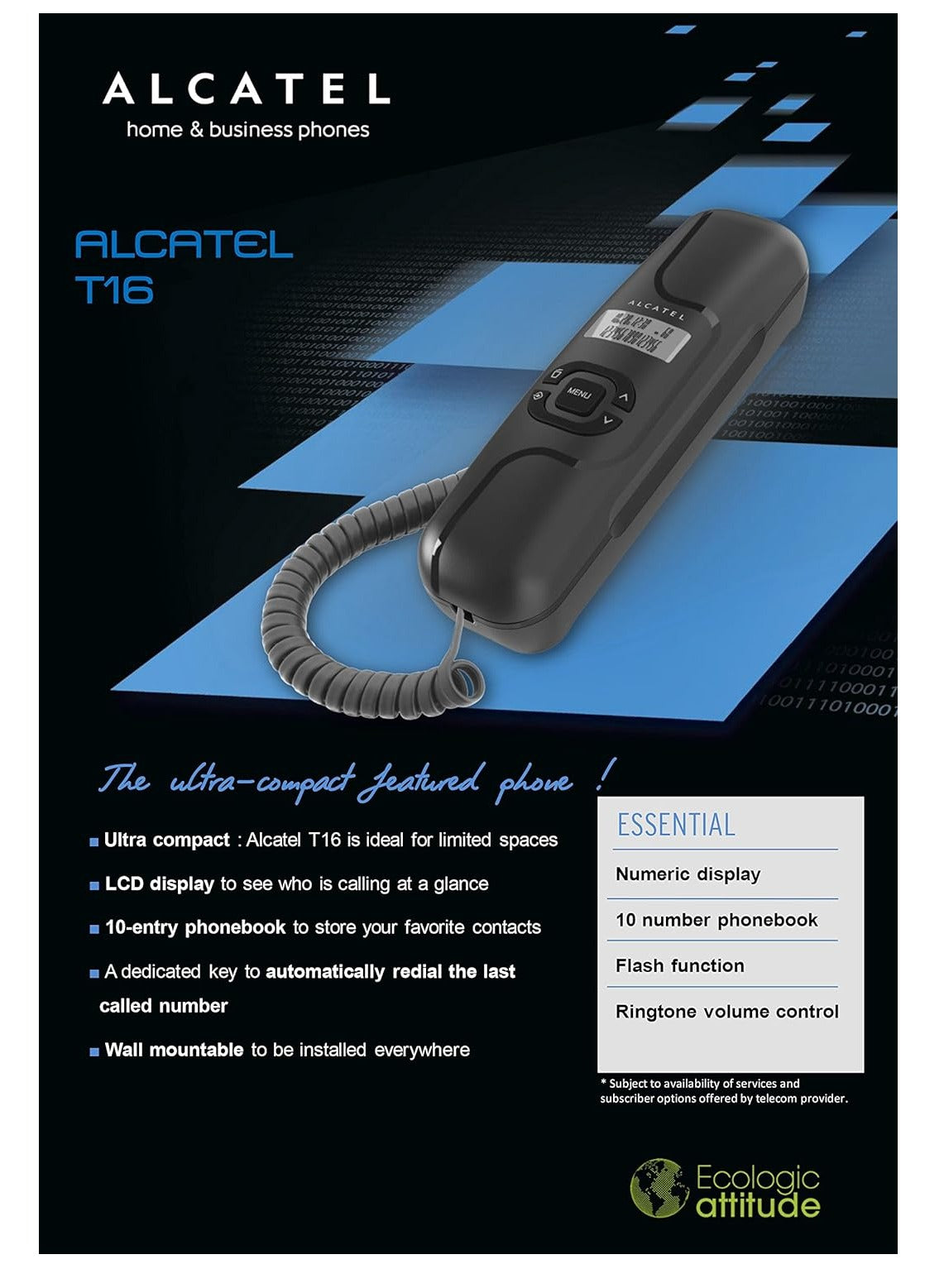 Alcatel Black Ultra Compact Corded Landline Phone T-16 With Numeric Display Along With Caller ID Wall Mounted