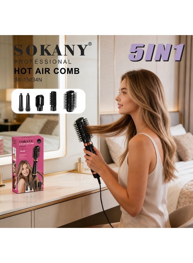 SK-15034N 5-in-1 Hair Dryer Brush – 1400W, 5 Interchangeable Styling Attachments, Drying, Curling, Straightening & Styli