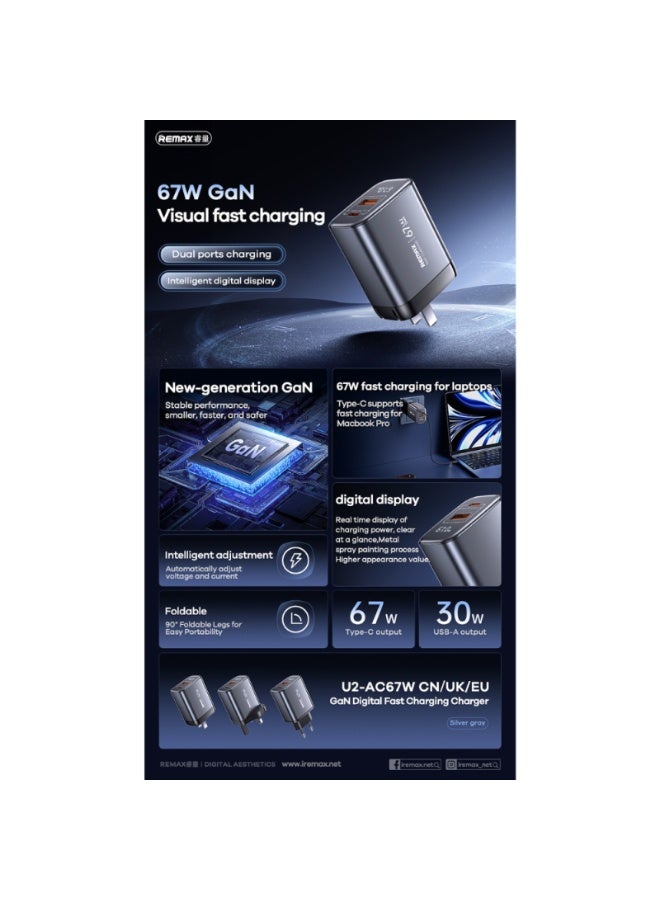 67W GaN Fast Charger with Digital Display U2-AC , Dual Port Type-C & USB Adapter for Laptop, iPhone, and Android