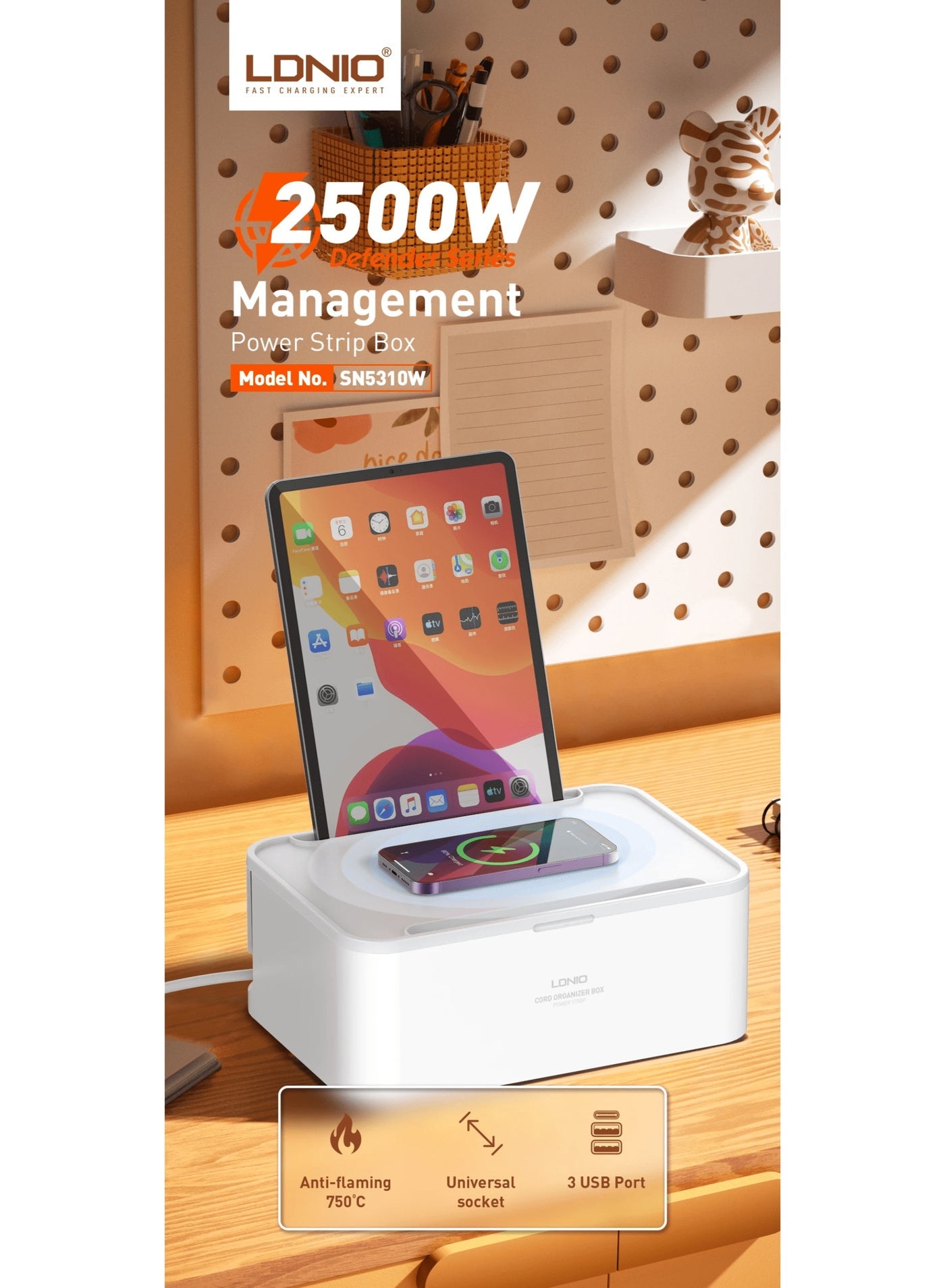 SN5310W 15W Wireless Charging Power Strip with 2M Extension Cord, 2500W Surge Protector, USB-C PD 20W, QC 3.0 Fast Charg