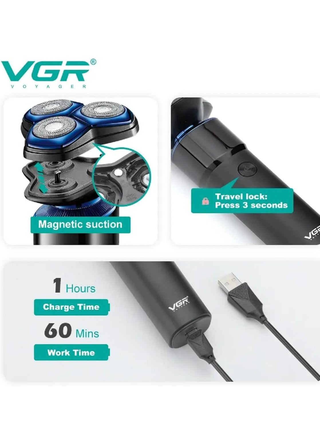 VGR Professional Electric Hair Clipper, Designed for Barbers and Personal Use, USB Charging, Model V-325, Features Precision Blades and Triple Rotating Heads, Suitable for Different Hair Types, Gives Professional Results