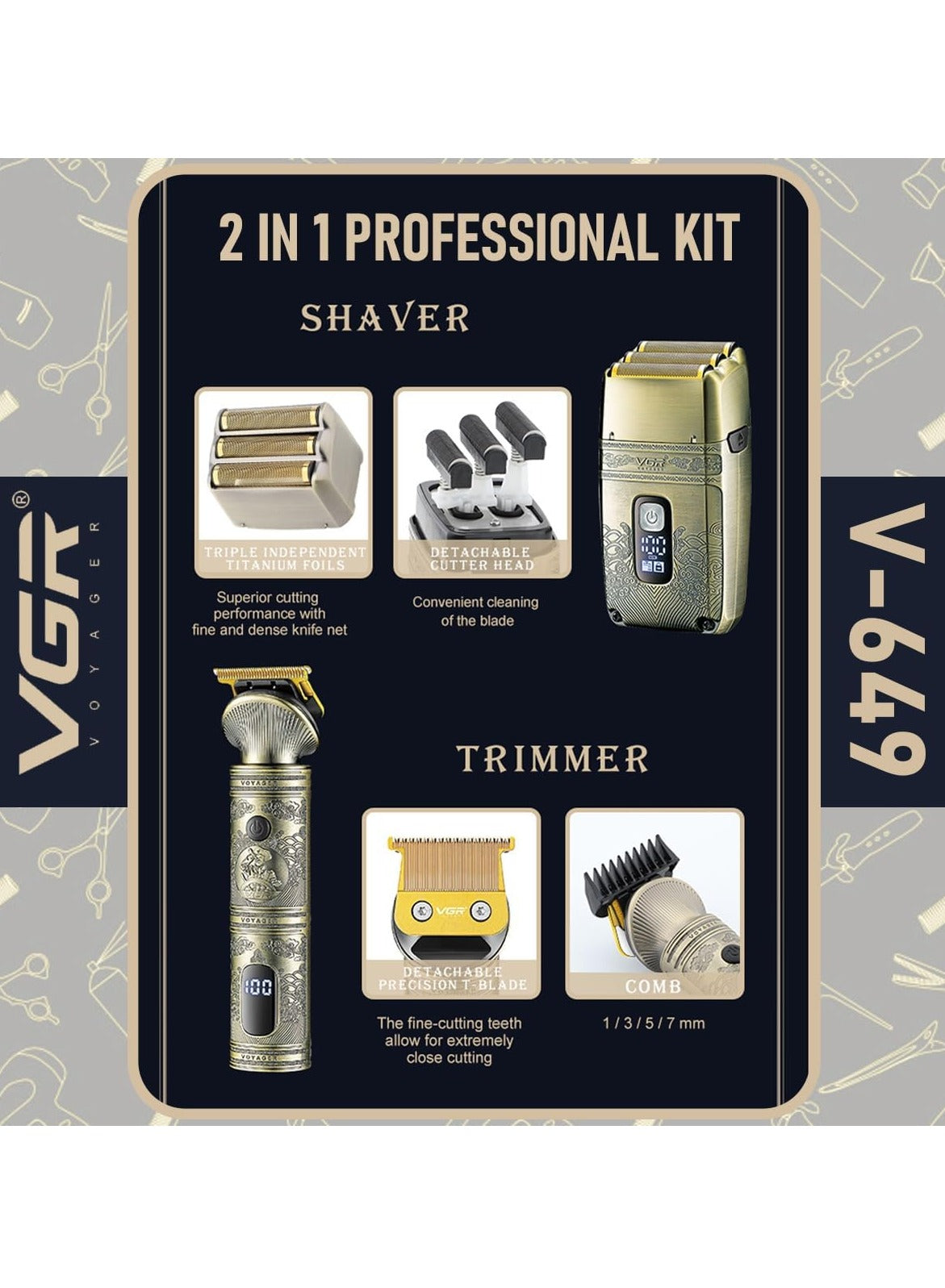 VGR Professional Hair Trimmer Shaver Set - Precision Grooming With Titanium Foils, Detachable T-Blade, And Usb Recharge Ability For Ultimate Convenience , V-649