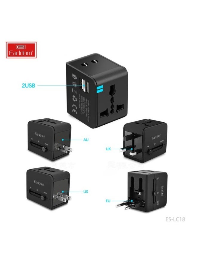 Earldom ES-LC18 Universal Travel Power Adapter 1500W with Dual USB-A Ports, Worldwide Plug Adapter, 100–250V Universal V