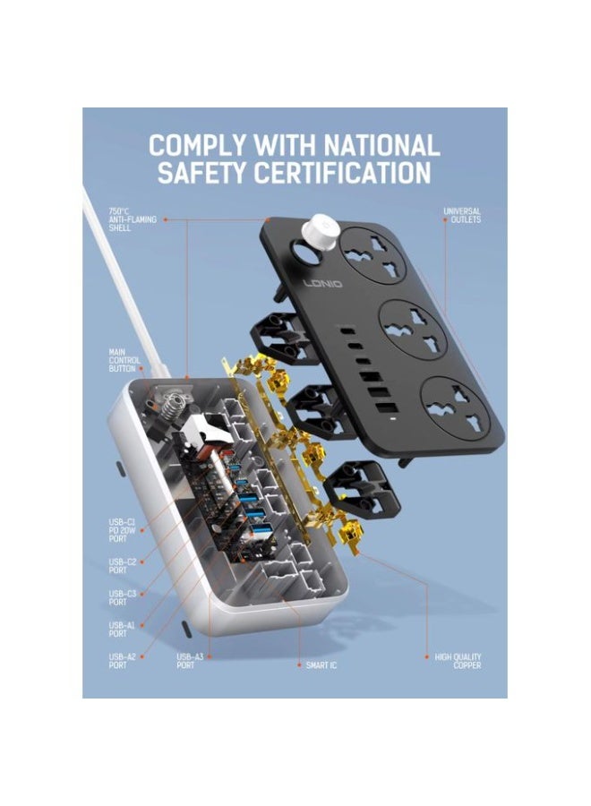 Power Strip Surge Protector with 3 Universal International Socket & Smart 6 USB Charging Ports 3.4A - SC3604
