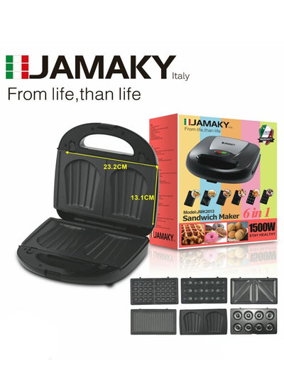 JAMAKY Italy Sandwich Maker 1500 Watt with Italian technology - with 6-Piece Fixed Grill, JMK2013 Powerful Heater for Quick Setting, Beautifully Designed, Easy to Use and Powerful Heater